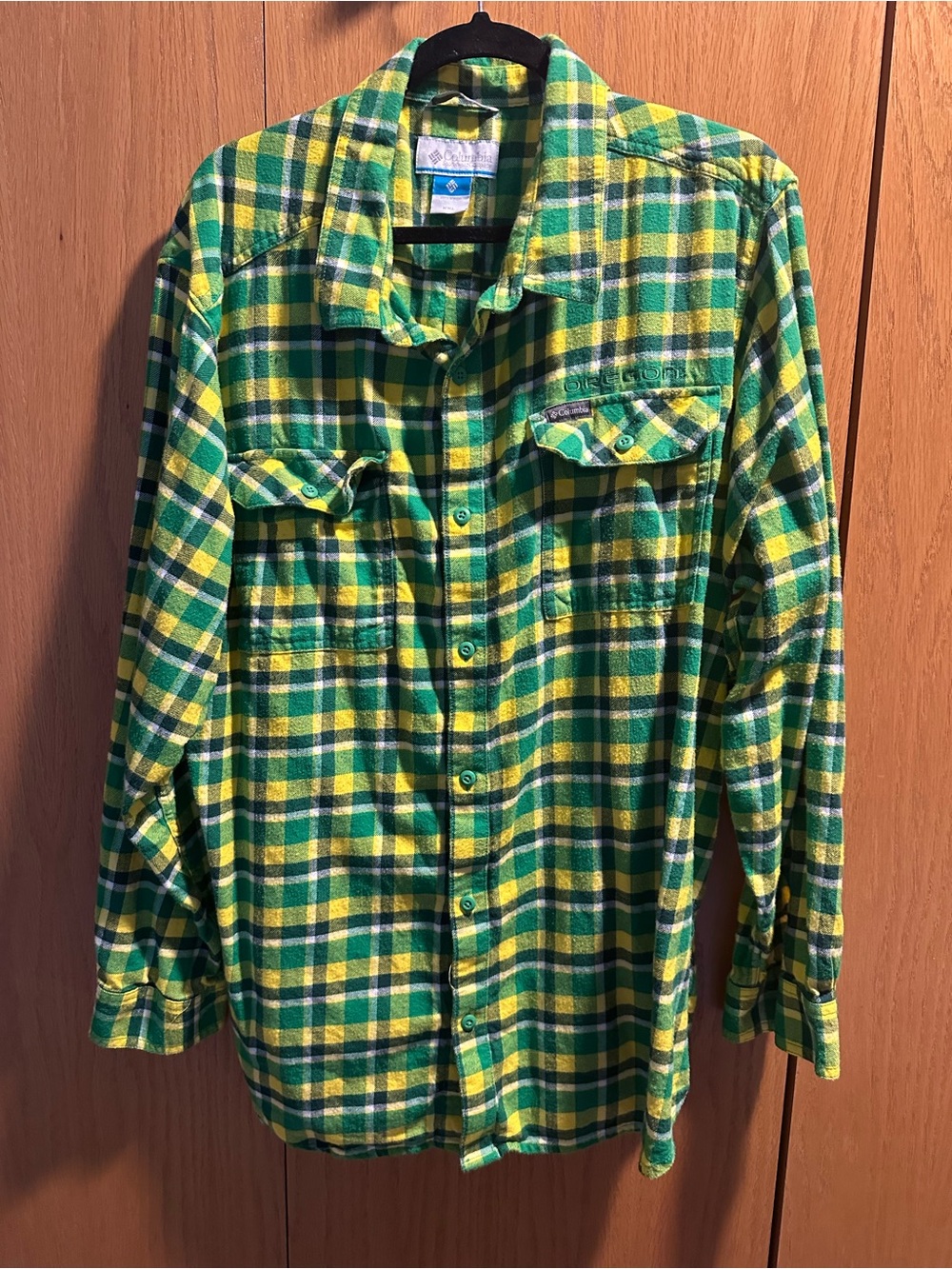 U of O Columbia Green and Yellow Plaid Button-Down Shirt